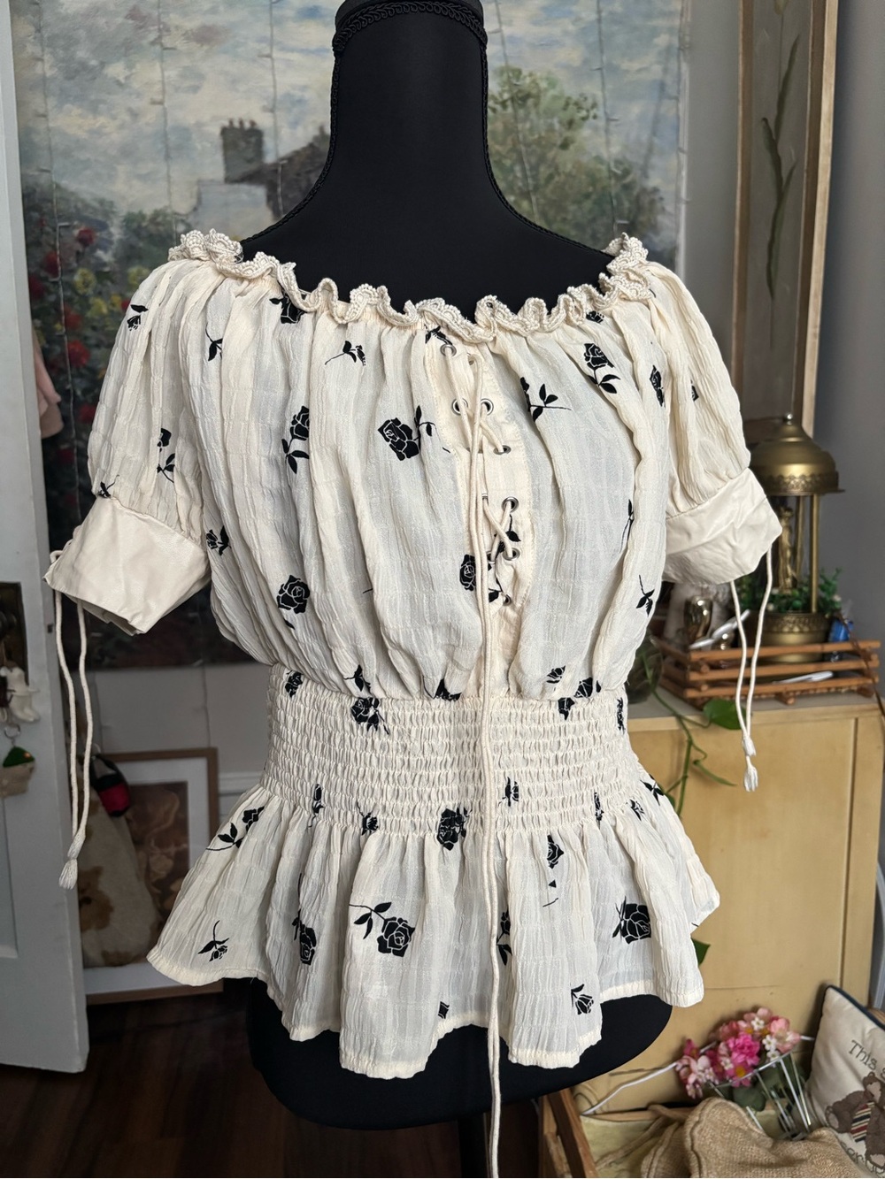 Boho Off-Shoulder Smocked Peplum Blouse - Cream with Black Rose Print